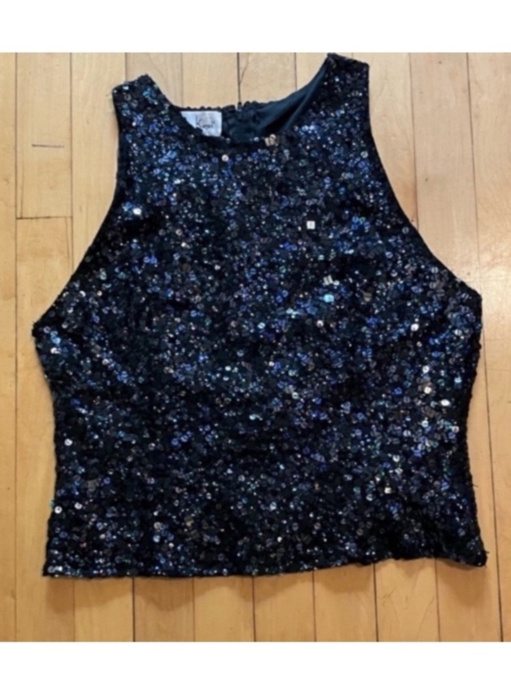 Vintage Laurence Kazar Black Sequin Silk Sleeveless Fitted Top Size Large